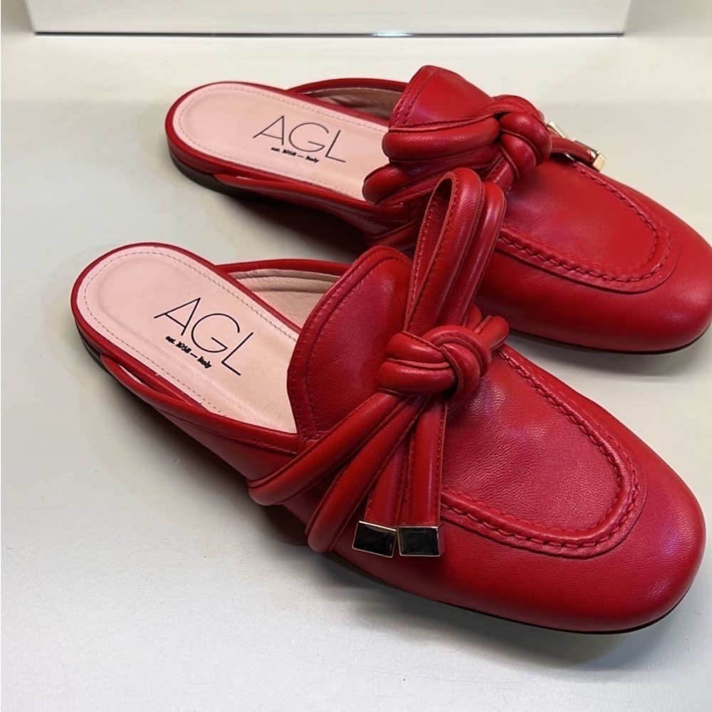 AGL Red Leather Knot Mule Flats | Italian Designer Slip On Shoes | NWT holiday - Picture 3 of 6